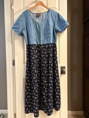 VINTAGE BLUE 90s Vintage Jean Floral Maxi Dress Size 20 Summer Casual Daisy